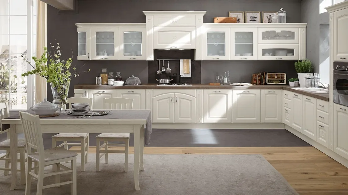Cucina Classica ad angolo Olimpia finitura perla bianco di Mobilturi