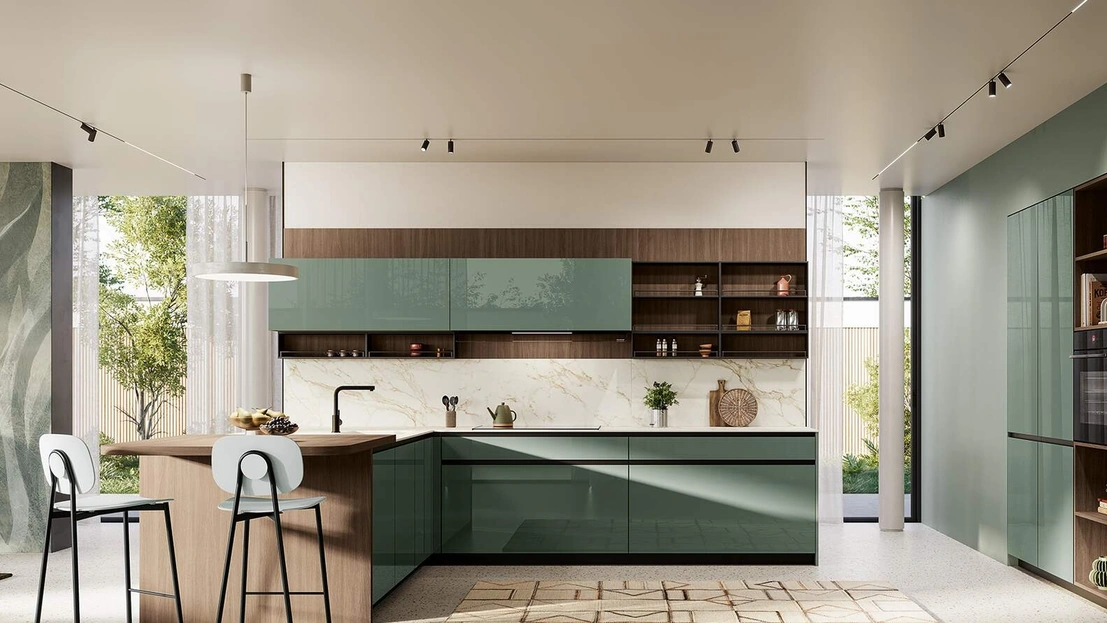 Cucina Moderna con penisola Altea Composizione 01 in vetro verde aloe di Prima Cucine