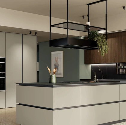 Cucina Moderna con penisola Altea Composizione 02 in vetro opaco di Prima Cucine