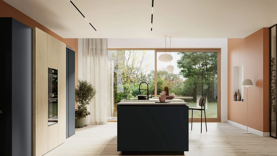 Cucina Moderna con isola Altea Composizione 03 in vetro nero opaco di Prima Cucine