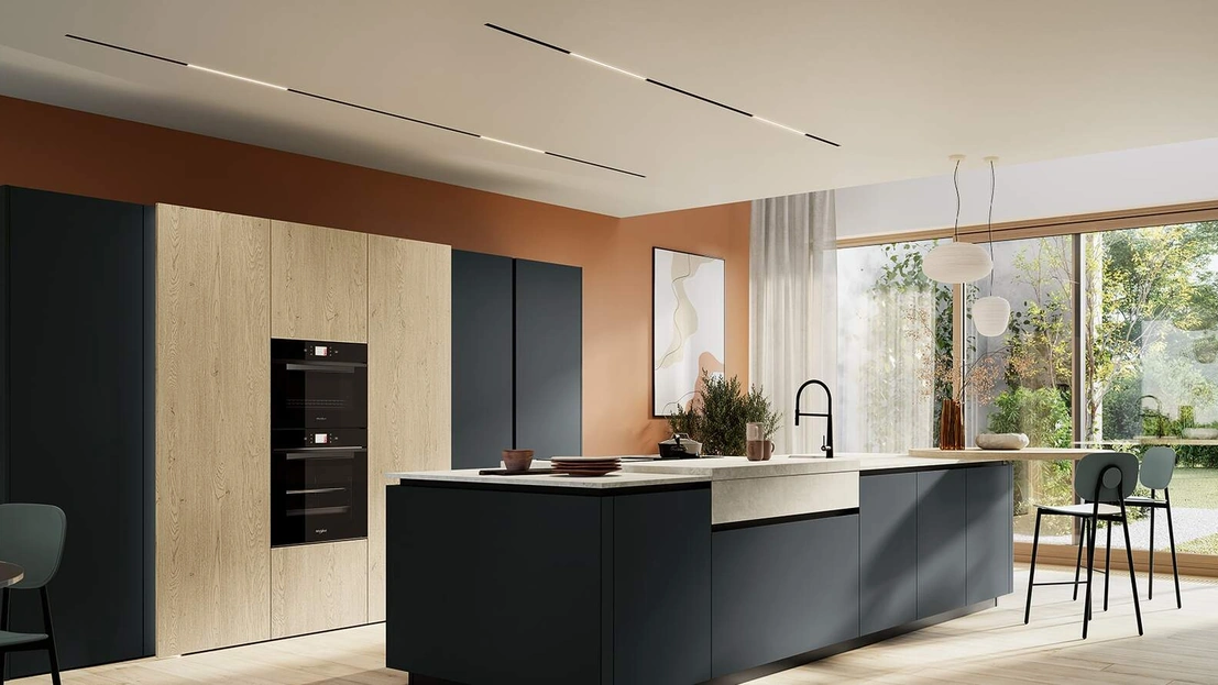 Cucina Moderna con isola Altea Composizione 03 in vetro nero opaco di Prima Cucine