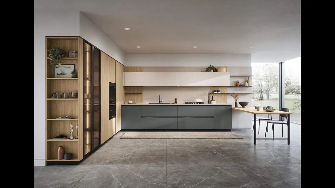 Cucina Moderna angolare con penisola Domino Composizione 01 di Prima Cucine