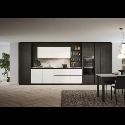Cucina Moderna lineare Domino Composizione 03 in laminato bianco e melaminico rovere dark di Prima Cucine