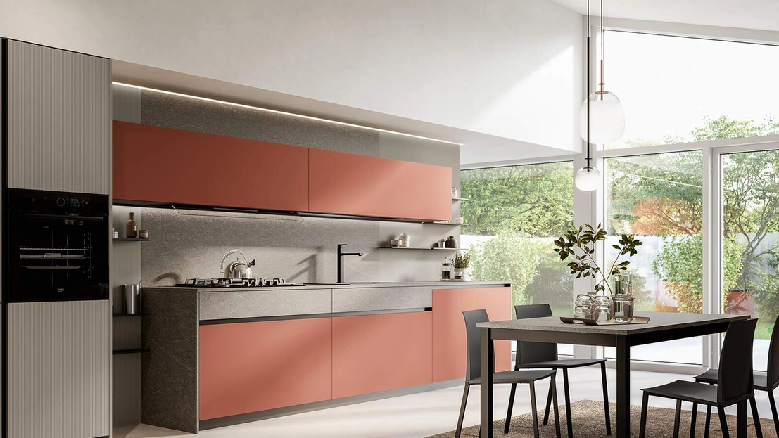 Cucina Moderna lineare Domino Composizione 05 in laccato opaco magma di Prima Cucine