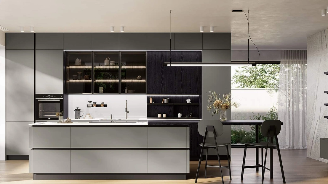 Cucina Moderna con isola Domino Composizione 07 in laccato grigio ferro e melaminico rovere nero di Prima Cucine