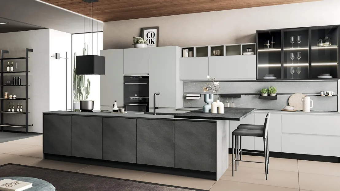 Cucina Moderna con penisola finitura pietra chiara e nebbia pet Luna di Mobilturi