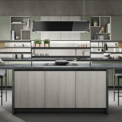 Cucina Moderna con isola Nevada finitura larice grigio e verde oliva opaco di Mobilturi