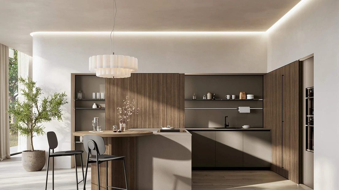 Cucina Moderna con penisola Domino Composizione 08 in melaminico metallico polvere argilla e melaminico noce Canaletto di Prima Cucine