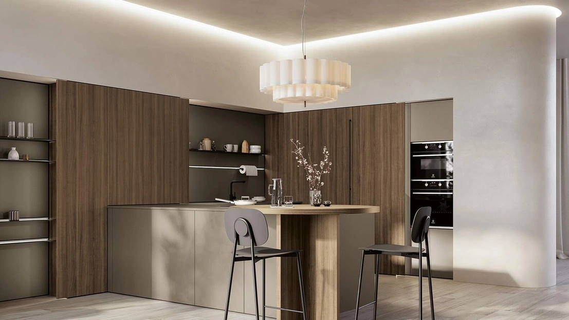 Cucina Moderna con penisola Domino Composizione 08 in melaminico metallico polvere argilla e melaminico noce Canaletto di Prima Cucine