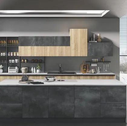 Cucina Moderna con isola Star finitura pietra grigia e naturale tavolato di Mobilturi