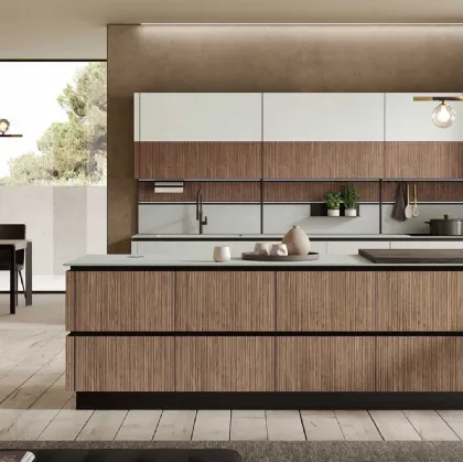 Cucina Moderna con isola Stratos in HPL cannettato noce chiaro e gres fokos sale di Mobilturi