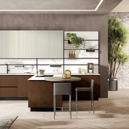 Cucina Moderna con penisola Stratos in gres fokos sale e vetro cannettato tortora di Mobilturi