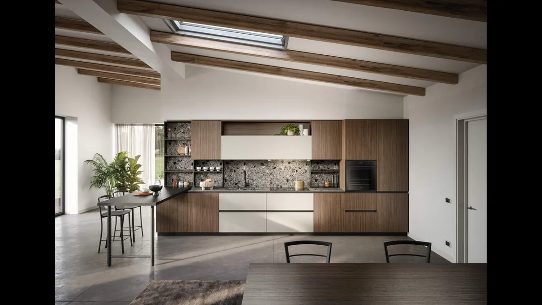 Cucina Moderna lineare con penisola Zoe Composizione 06 in melaminico noce e HPL canapa di Prima Cucine